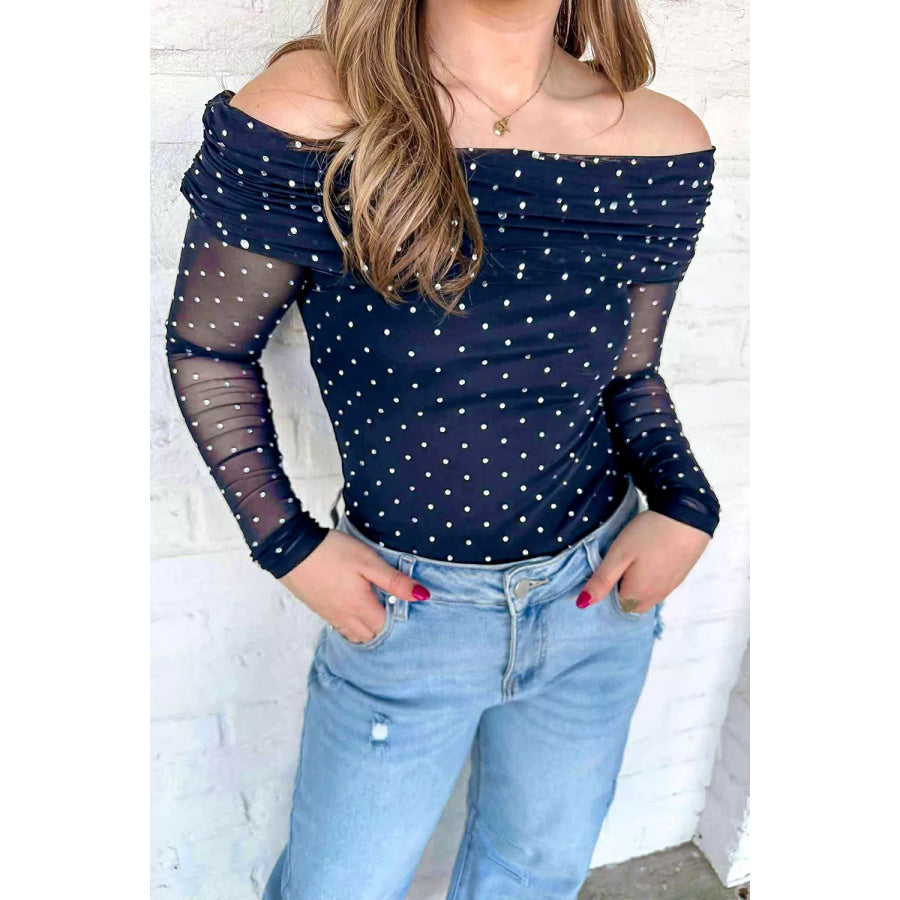 Off-Shoulder Polka Dot Mesh Blouse Dark Navy / S Apparel and Accessories