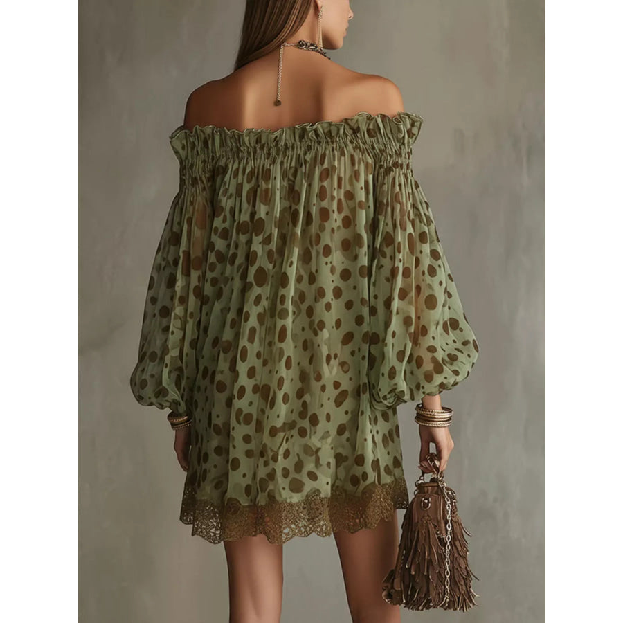 Off-Shoulder Polka Dot Sheer Mini Dress Army Green / XS Apparel and Accessories