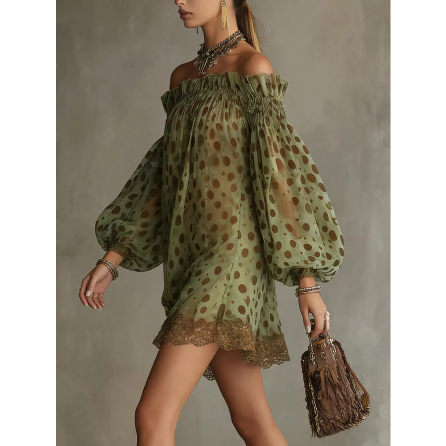 Off-Shoulder Polka Dot Sheer Mini Dress Apparel and Accessories