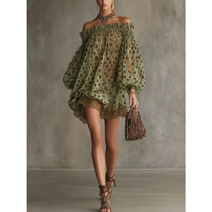Off-Shoulder Polka Dot Sheer Mini Dress Apparel and Accessories