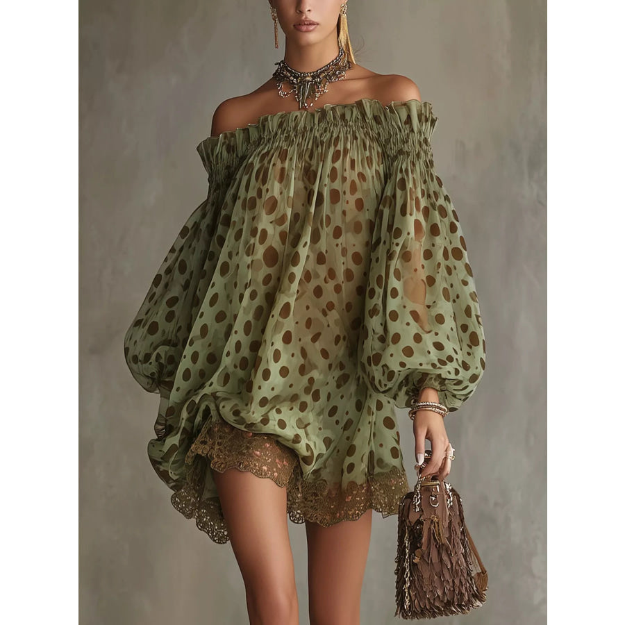 Off-Shoulder Polka Dot Sheer Mini Dress Army Green / XS Apparel and Accessories