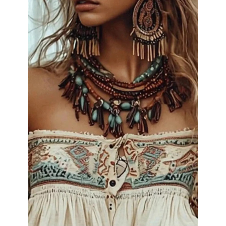 Off-Shoulder Printed Long Sleeve Blouse Apparel and Accessories