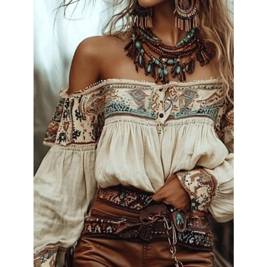 Off-Shoulder Printed Long Sleeve Blouse Apparel and Accessories