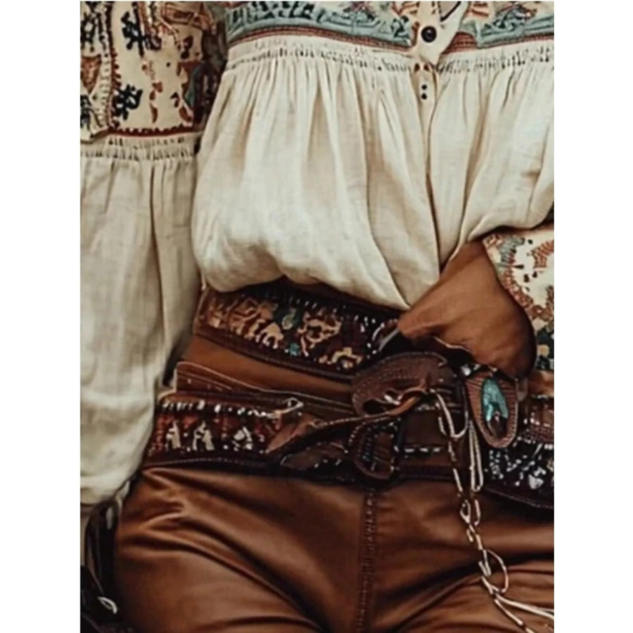 Off-Shoulder Printed Long Sleeve Blouse Apparel and Accessories