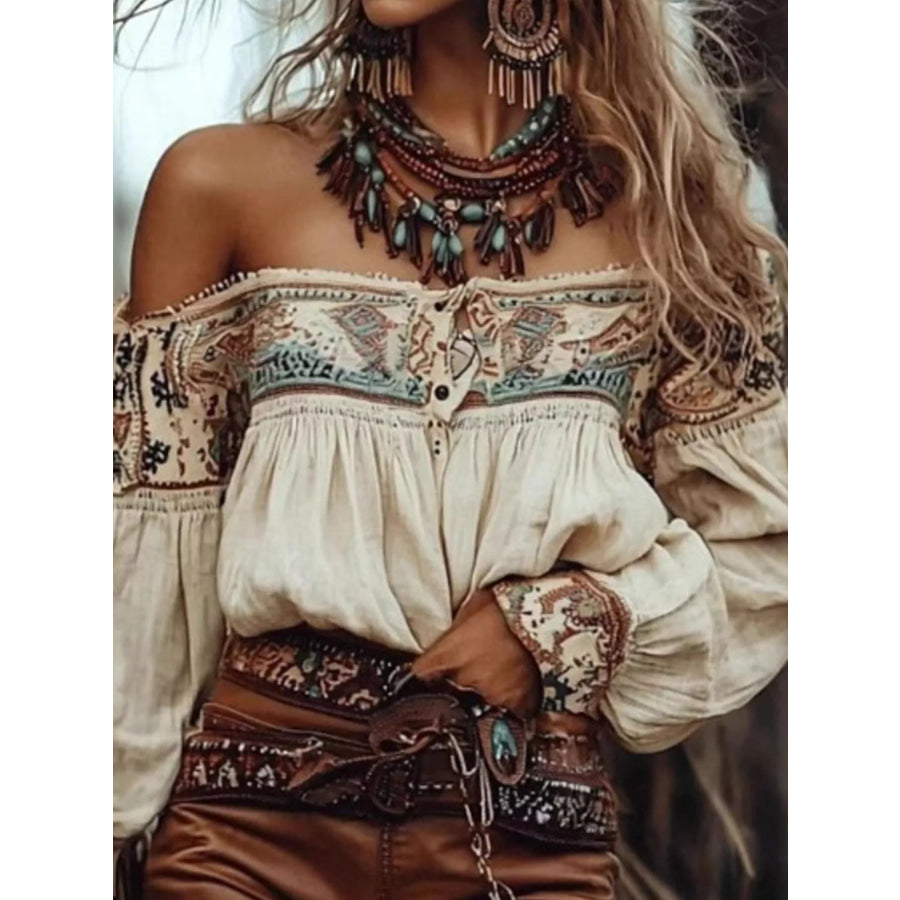Off-Shoulder Printed Long Sleeve Blouse Apricot / S Apparel and Accessories