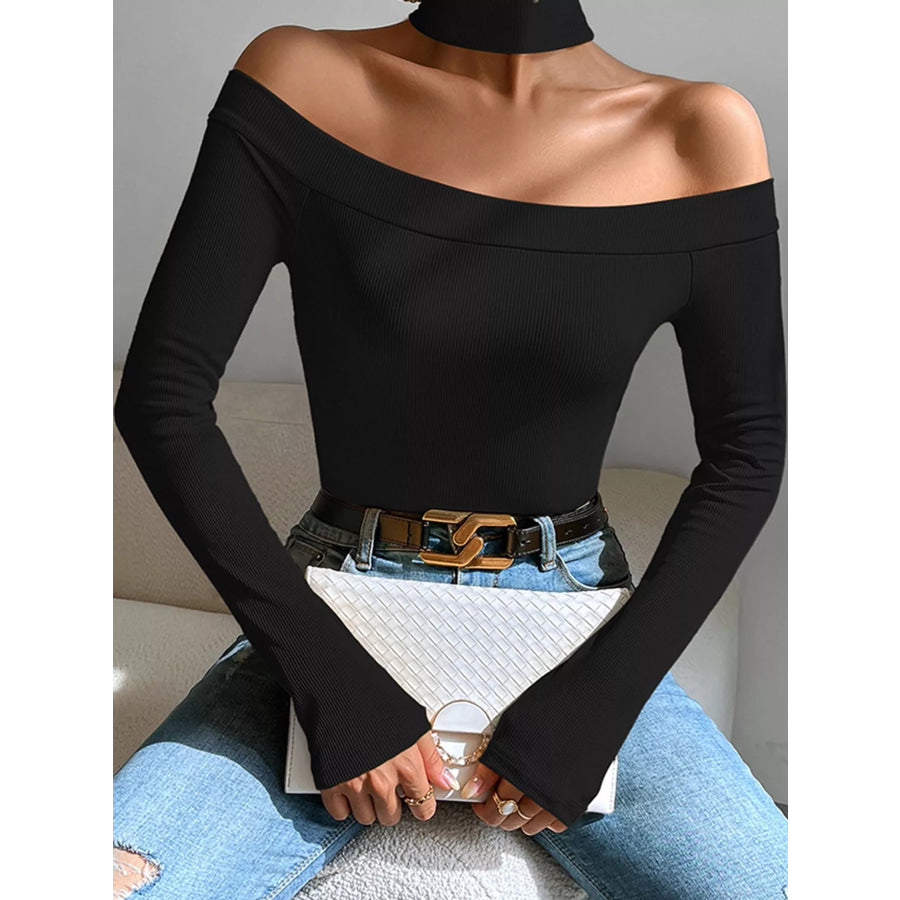 Off-Shoulder Ribbed Knit Long Sleeve T-Shirt with Choker Neck Apparel and Accessories