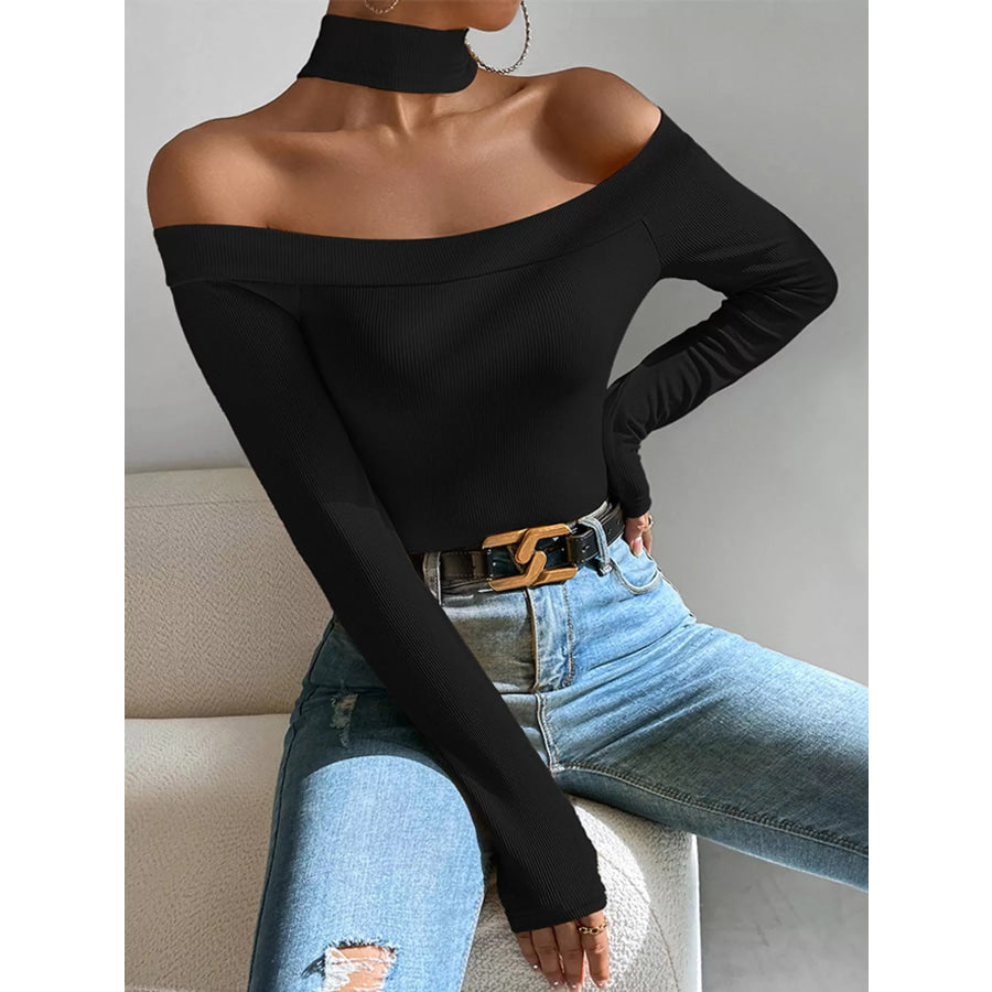 Off-Shoulder Ribbed Knit Long Sleeve T-Shirt with Choker Neck Apparel and Accessories