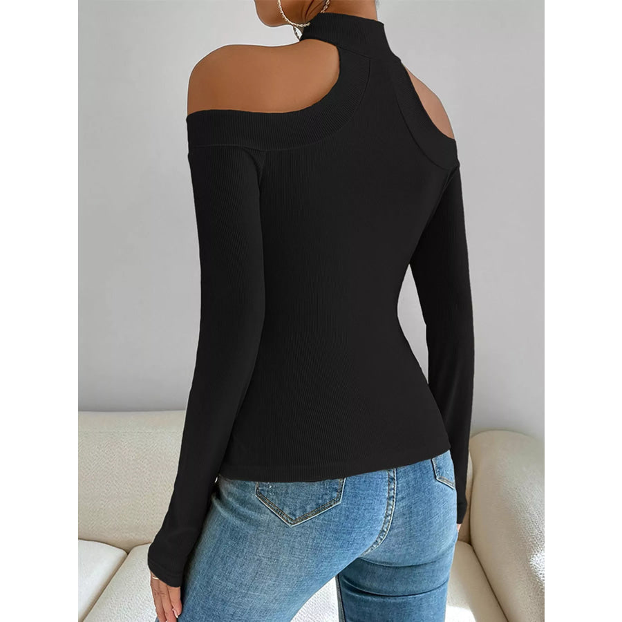 Off-Shoulder Ribbed Knit Long Sleeve T-Shirt with Choker Neck Apparel and Accessories