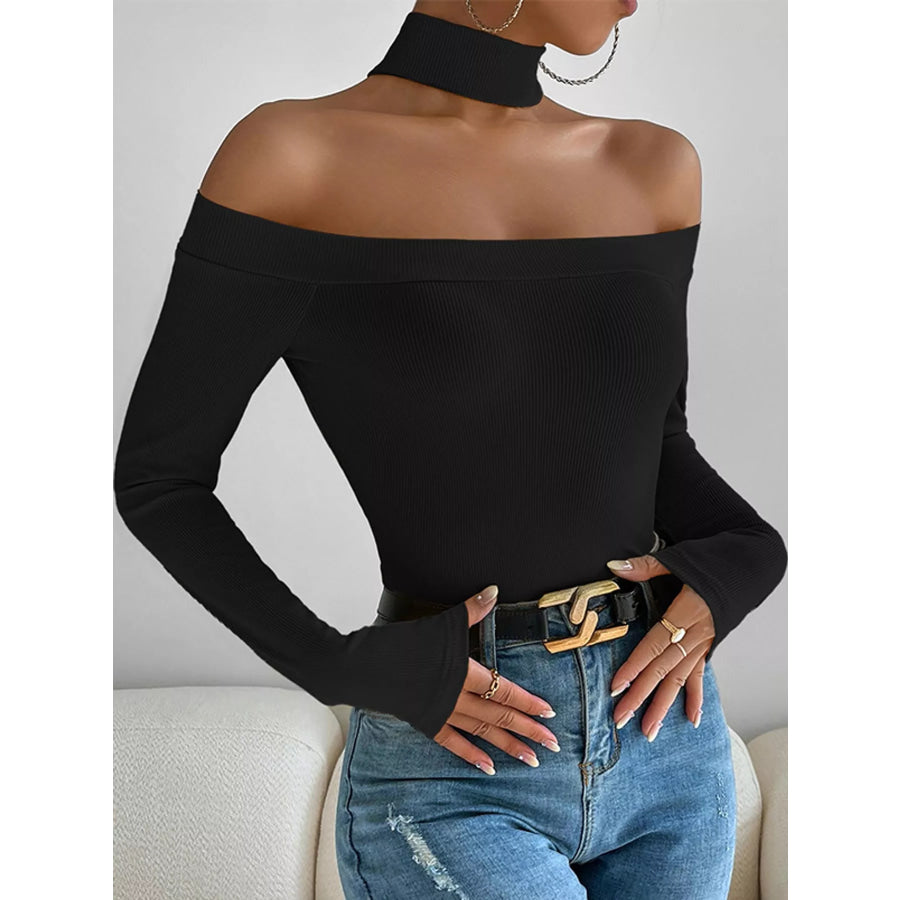 Off-Shoulder Ribbed Knit Long Sleeve T-Shirt with Choker Neck Apparel and Accessories