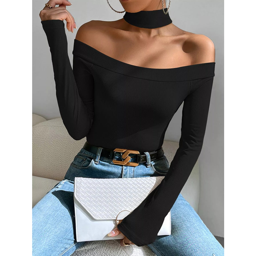 Off-Shoulder Ribbed Knit Long Sleeve T-Shirt with Choker Neck Black / S Apparel and Accessories