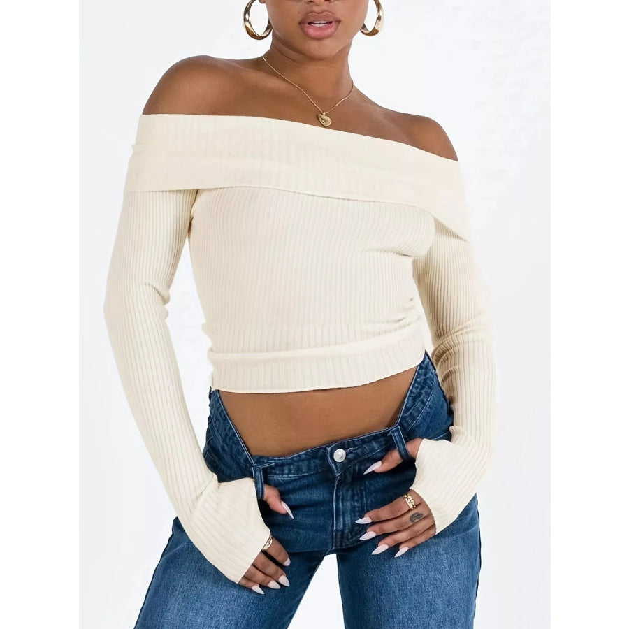 Off-Shoulder Ribbed Knit Sweater Apparel and Accessories