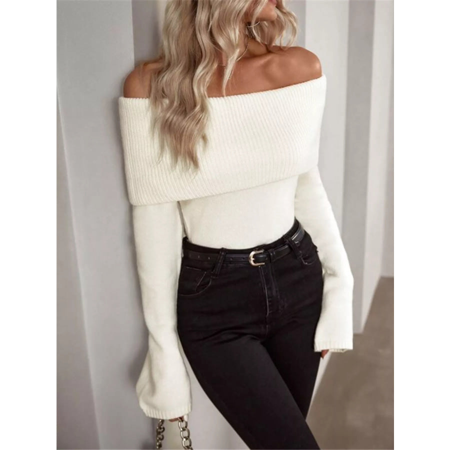 Off-Shoulder Ribbed Knit Sweater Apparel and Accessories