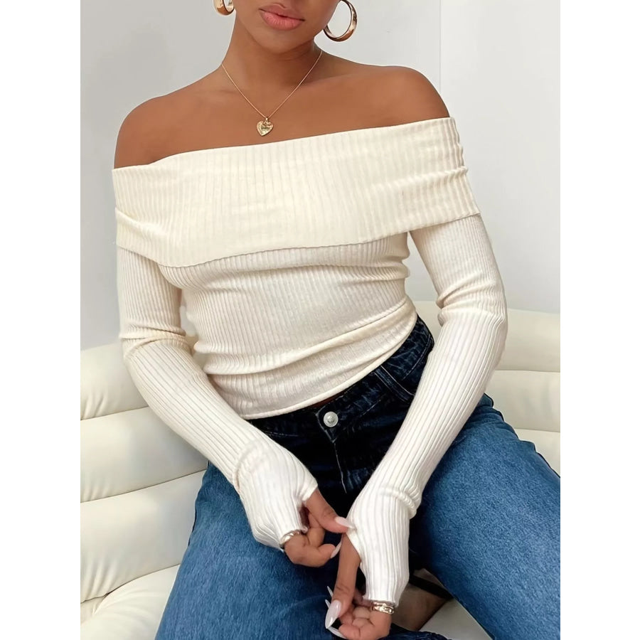 Off-Shoulder Ribbed Knit Sweater Apparel and Accessories