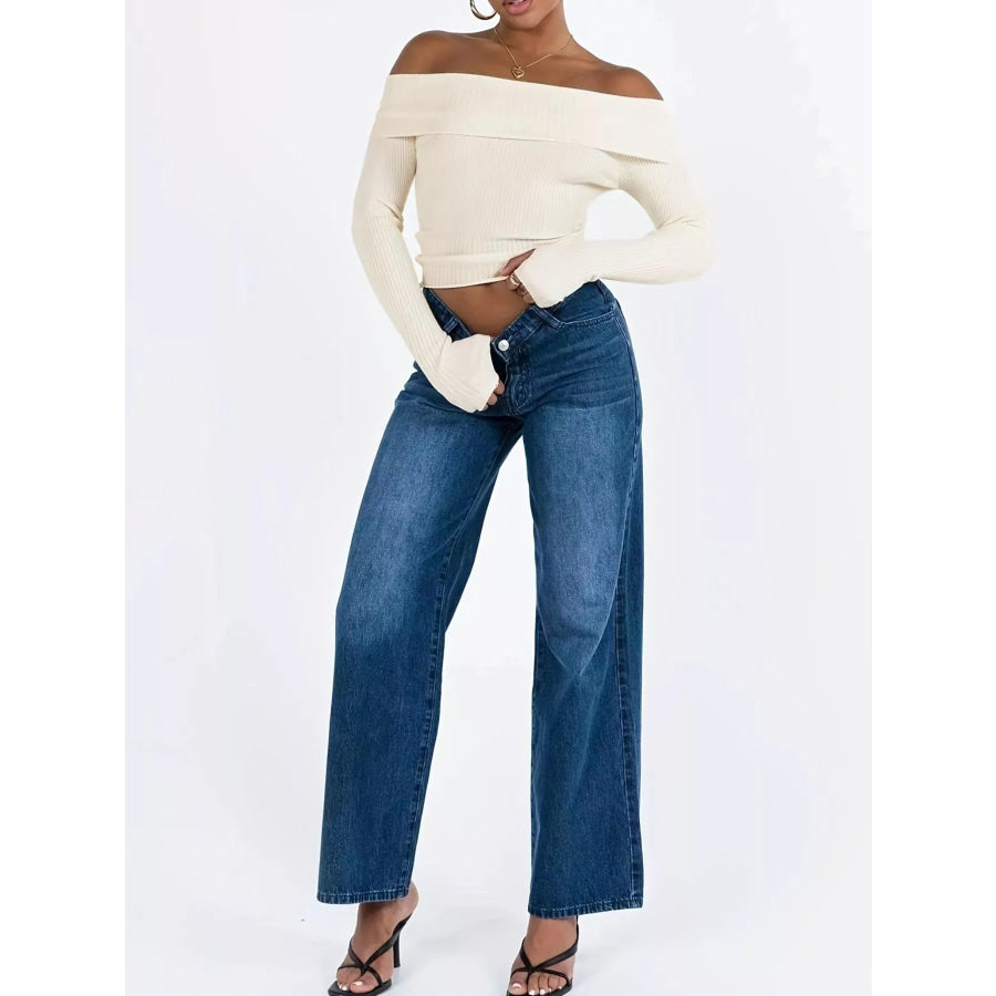 Off-Shoulder Ribbed Knit Sweater Apparel and Accessories