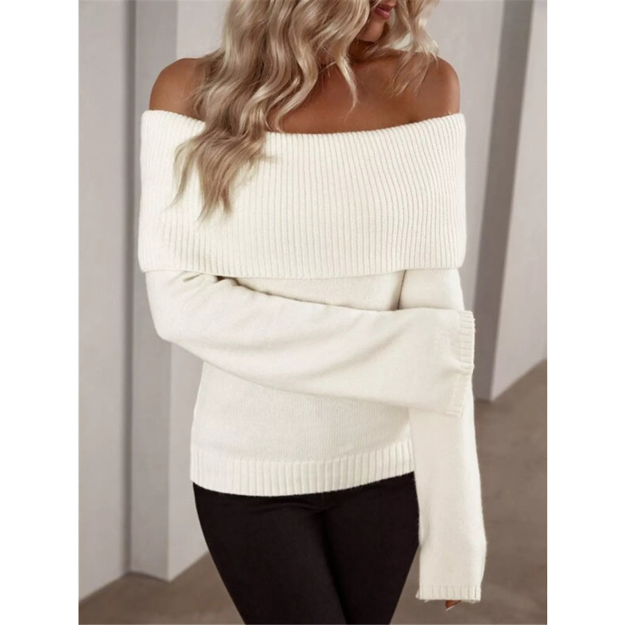 Off-Shoulder Ribbed Knit Sweater Apparel and Accessories