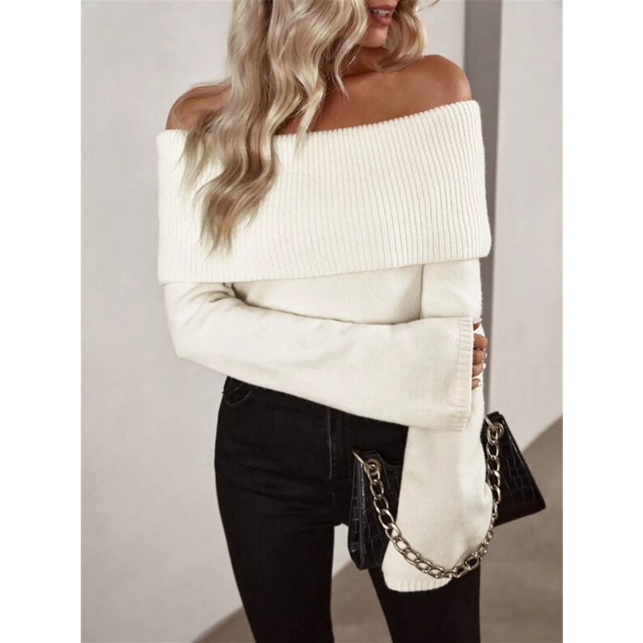 Off-Shoulder Ribbed Knit Sweater Apparel and Accessories
