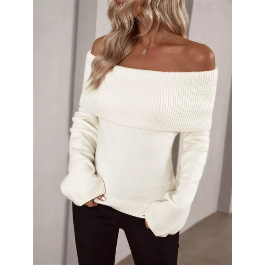 Off-Shoulder Ribbed Knit Sweater Apparel and Accessories