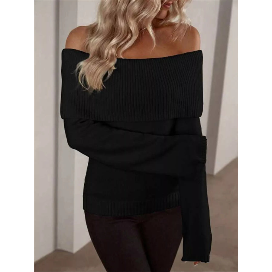 Off-Shoulder Ribbed Knit Sweater Apparel and Accessories