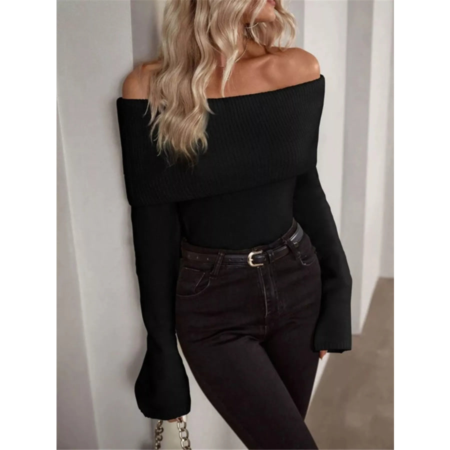 Off-Shoulder Ribbed Knit Sweater Apparel and Accessories