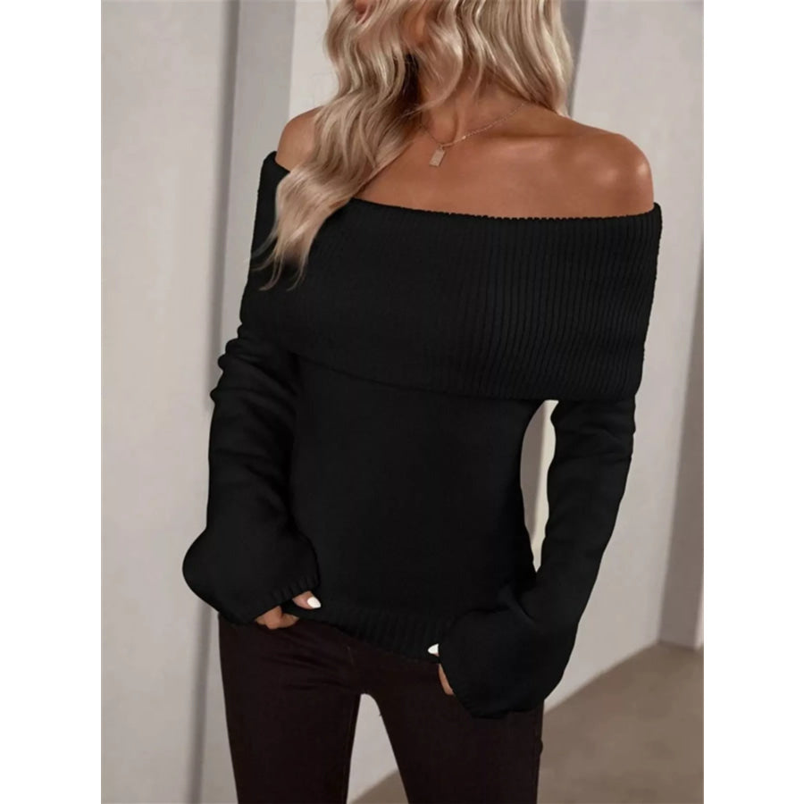 Off-Shoulder Ribbed Knit Sweater Black / S Apparel and Accessories