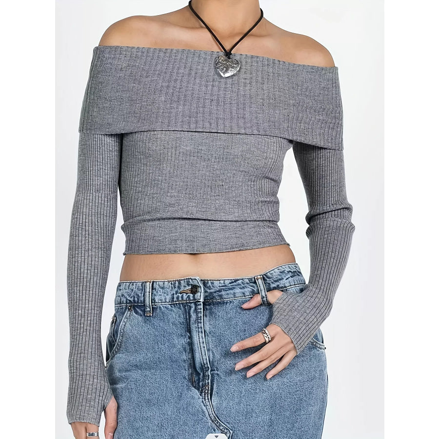 Off-Shoulder Ribbed Knit Sweater Gray / S Apparel and Accessories