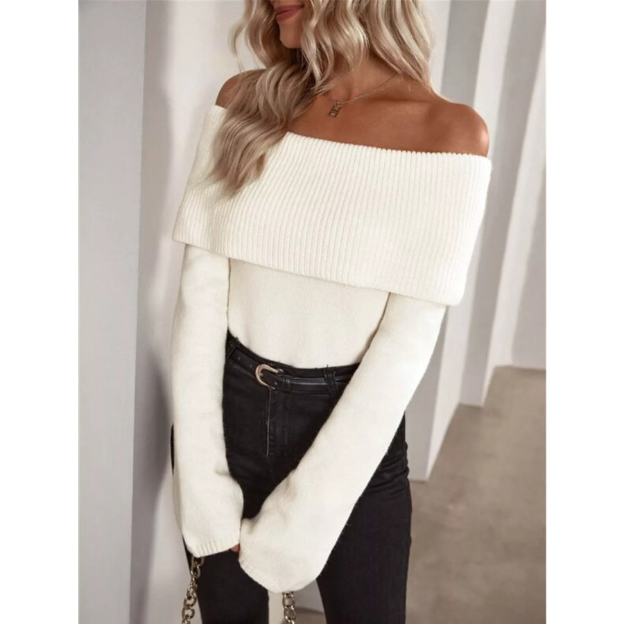 Off-Shoulder Ribbed Knit Sweater White / S Apparel and Accessories