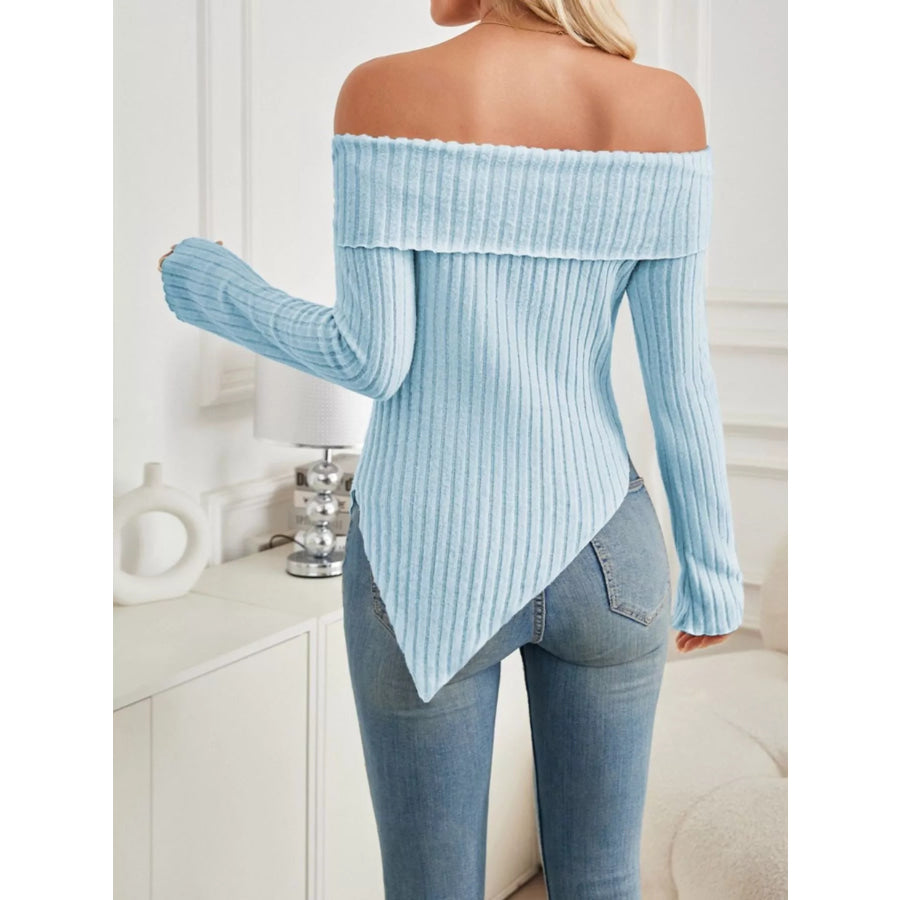 Off-Shoulder Ribbed Knit T-Shirt Apparel and Accessories