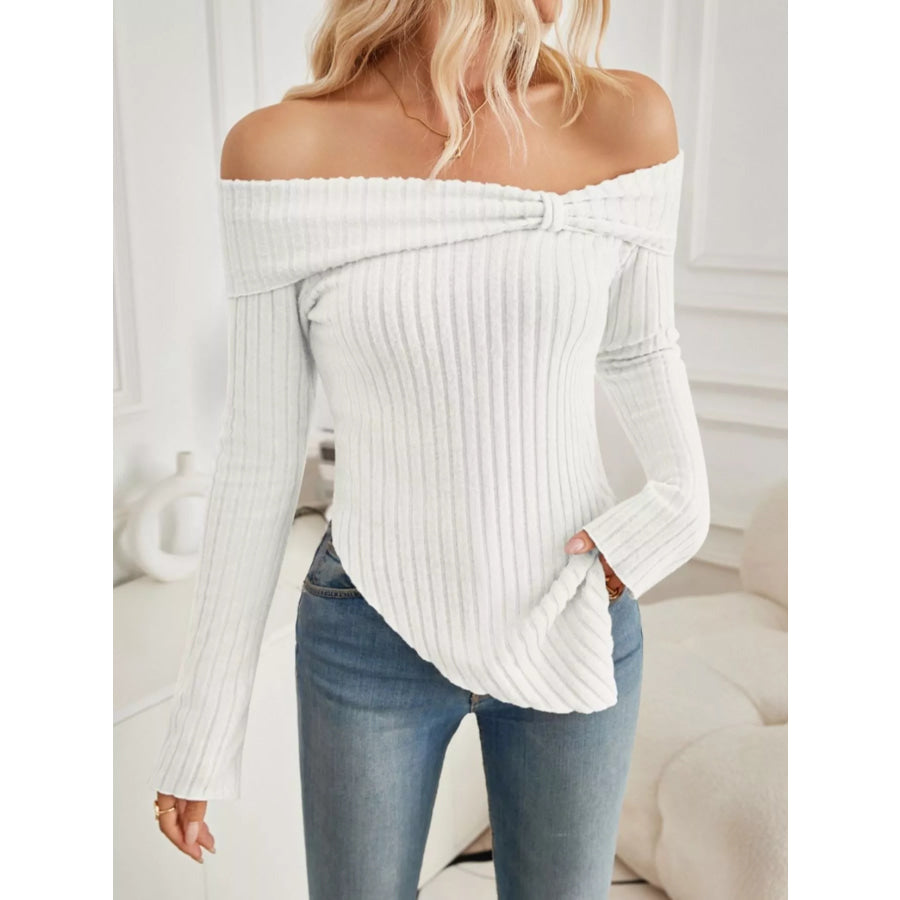 Off-Shoulder Ribbed Knit T-Shirt Apparel and Accessories