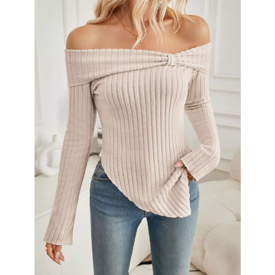 Off-Shoulder Ribbed Knit T-Shirt Apparel and Accessories
