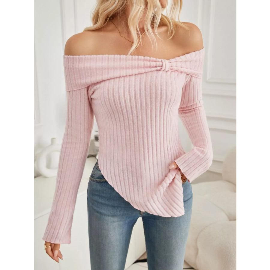 Off-Shoulder Ribbed Knit T-Shirt Apparel and Accessories
