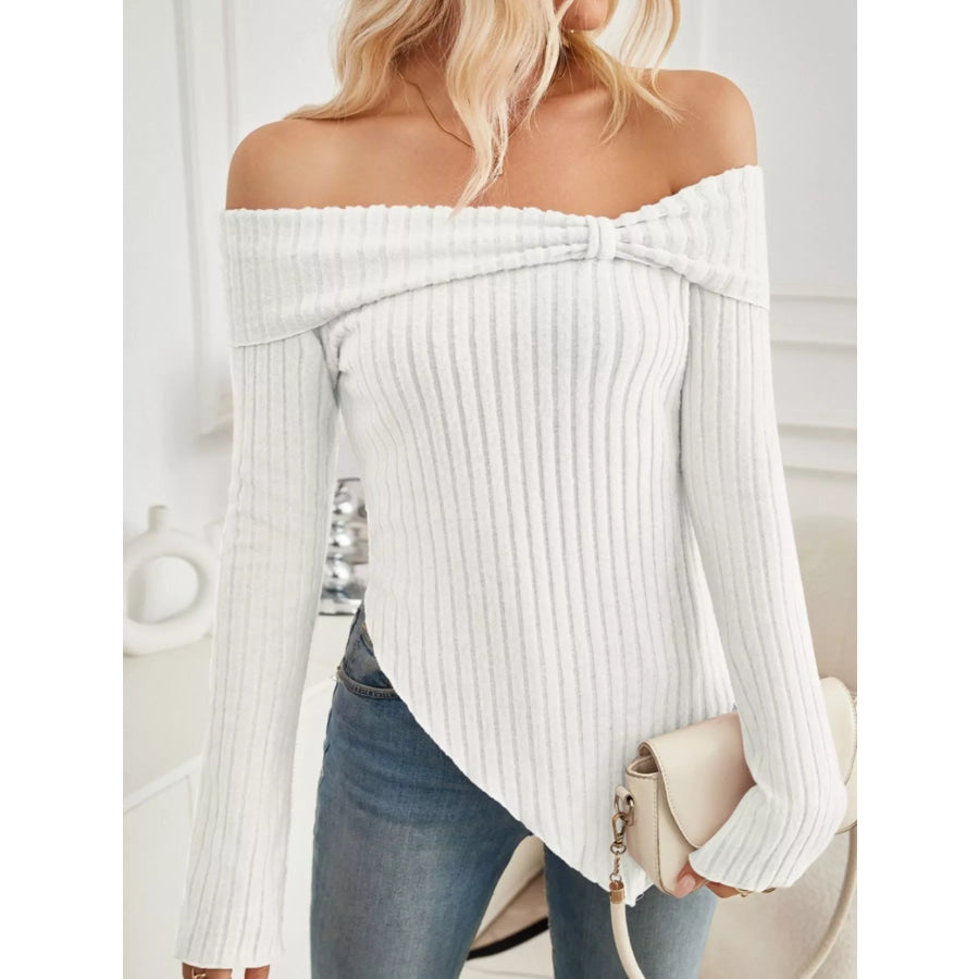 Off-Shoulder Ribbed Knit T-Shirt Apparel and Accessories