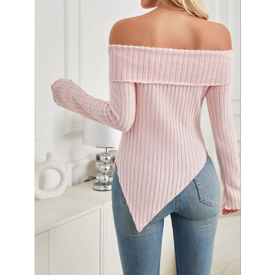 Off-Shoulder Ribbed Knit T-Shirt Apparel and Accessories