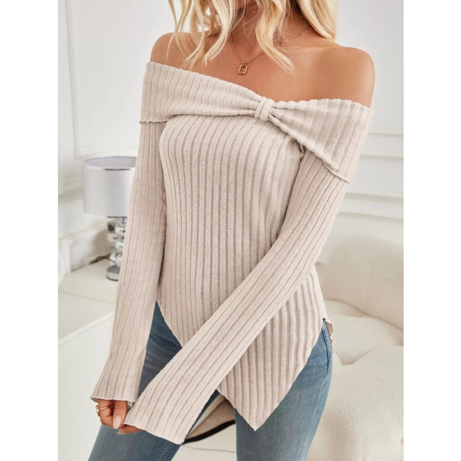 Off-Shoulder Ribbed Knit T-Shirt Apricot / S Apparel and Accessories