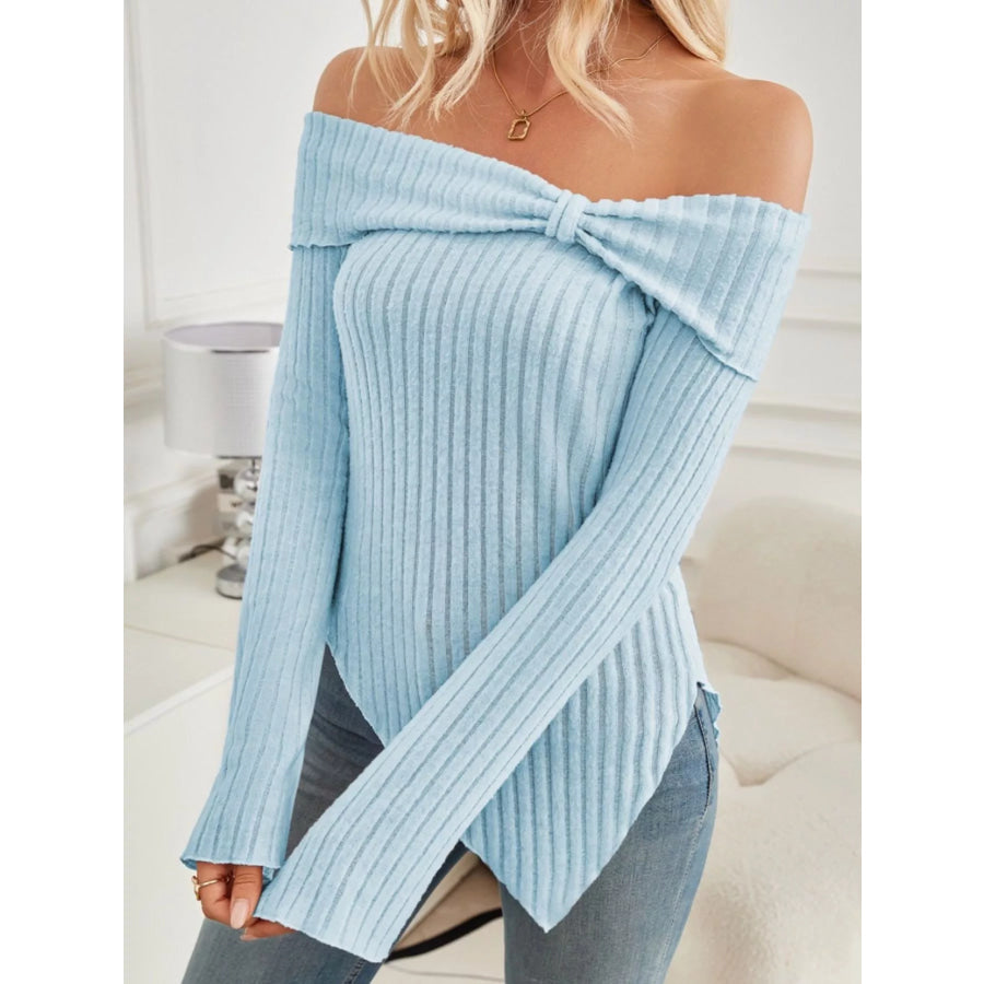 Off-Shoulder Ribbed Knit T-Shirt Pastel Blue / S Apparel and Accessories