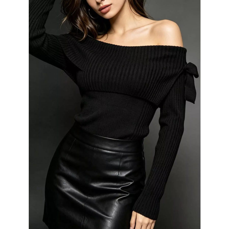 Off-Shoulder Ribbed Knit Top Black / S Apparel and Accessories
