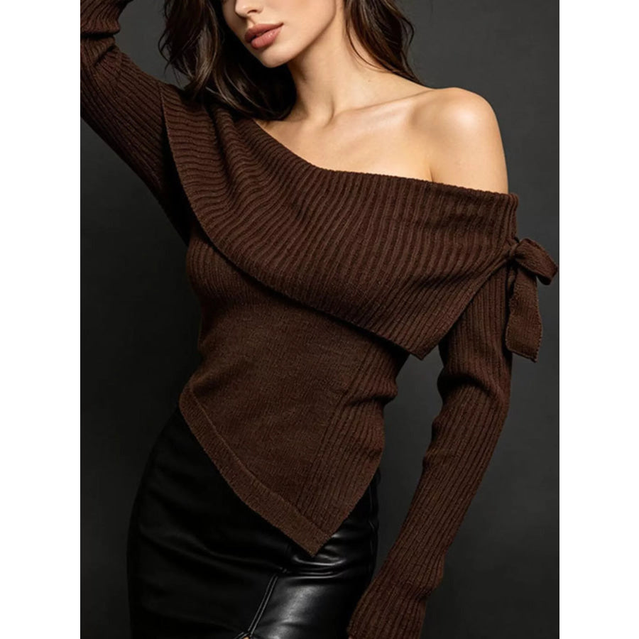 Off-Shoulder Ribbed Knit Top Brown / S Apparel and Accessories