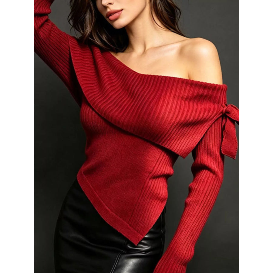 Off-Shoulder Ribbed Knit Top Red / S Apparel and Accessories
