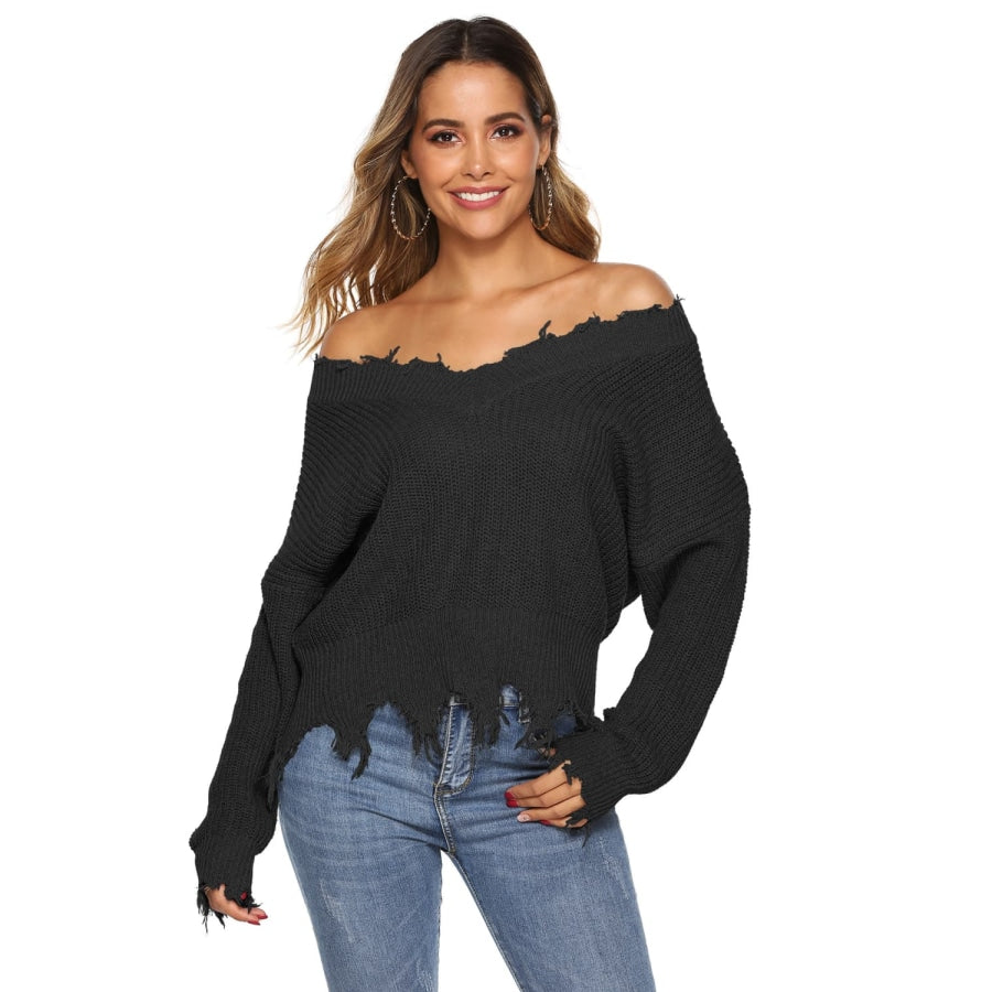 Off-Shoulder Ribbed Long Sleeve Raw Hem Sweater Black / S