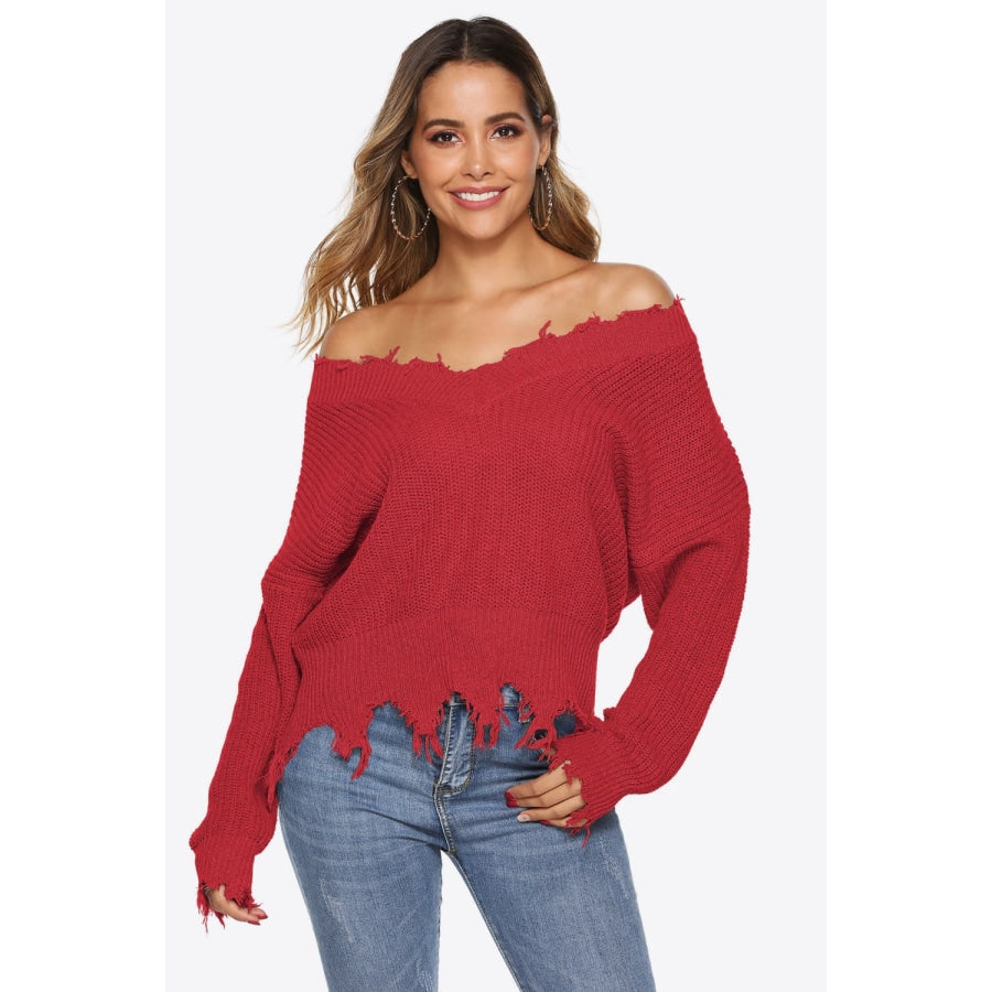 Off-Shoulder Ribbed Long Sleeve Raw Hem Sweater Red / S