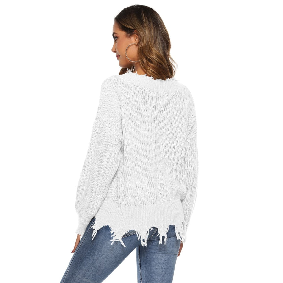 Off-Shoulder Ribbed Long Sleeve Raw Hem Sweater