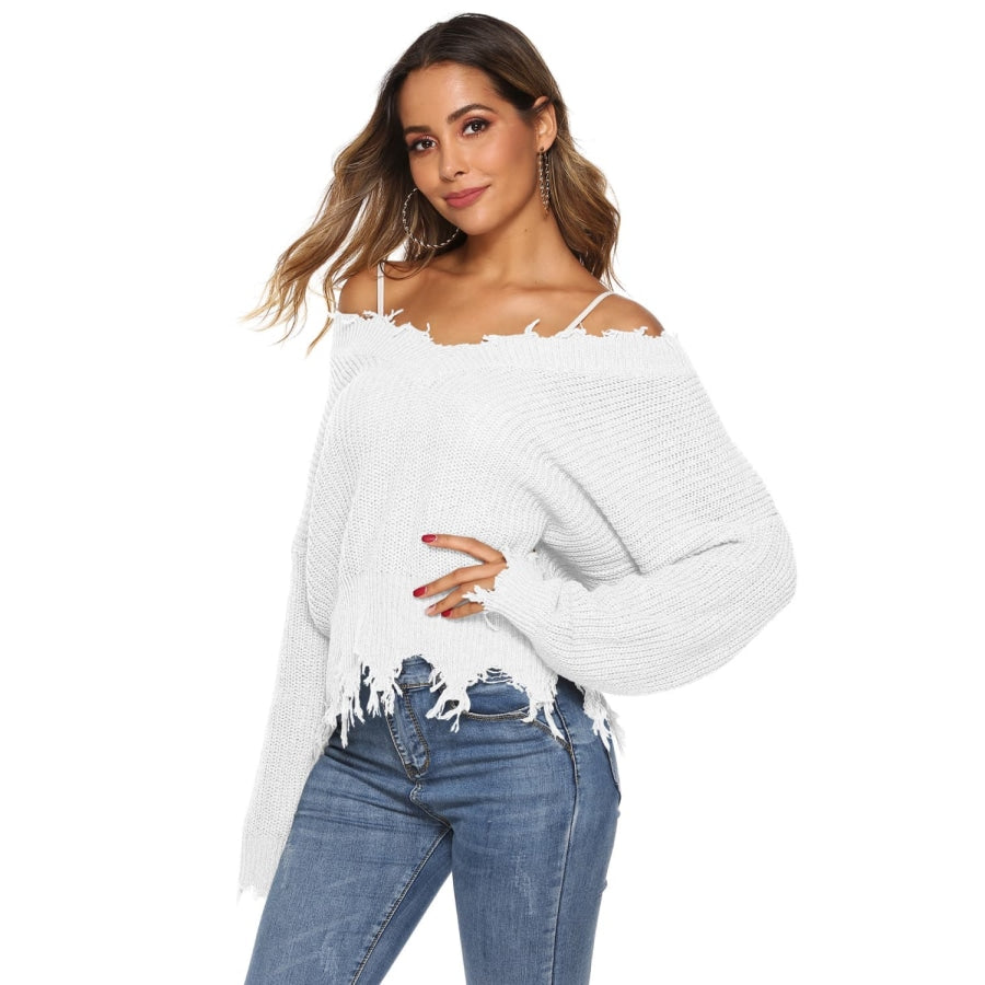 Off-Shoulder Ribbed Long Sleeve Raw Hem Sweater