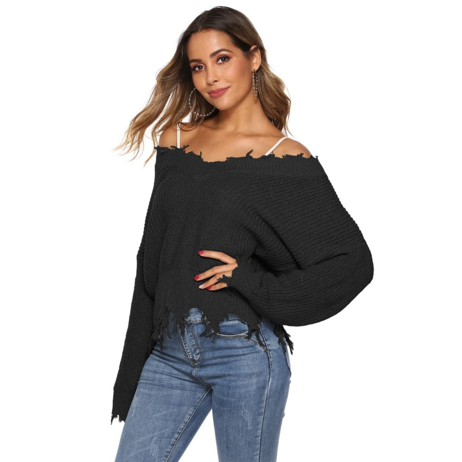 Off-Shoulder Ribbed Long Sleeve Raw Hem Sweater