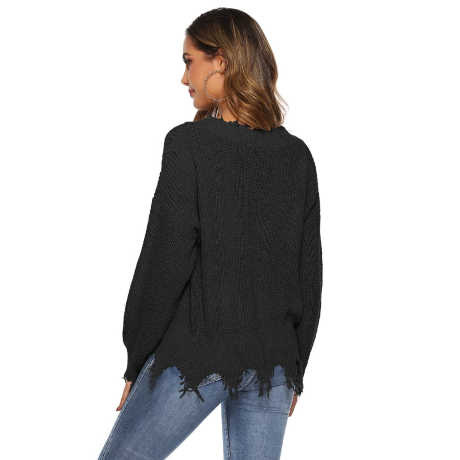 Off-Shoulder Ribbed Long Sleeve Raw Hem Sweater