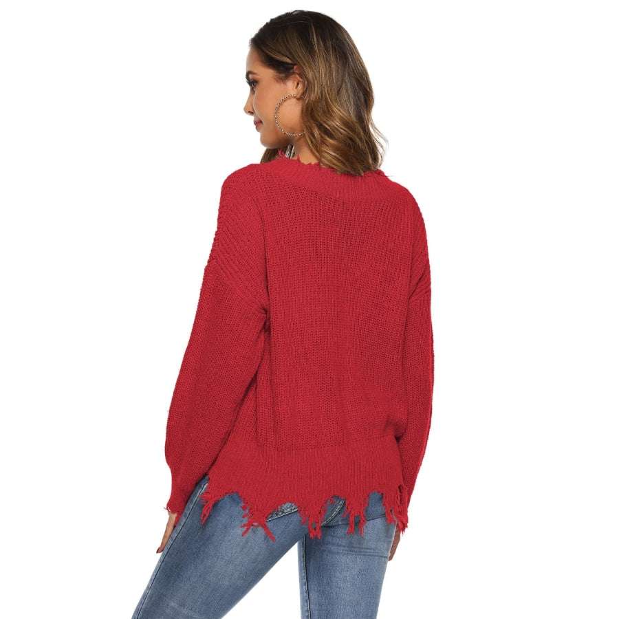 Off-Shoulder Ribbed Long Sleeve Raw Hem Sweater