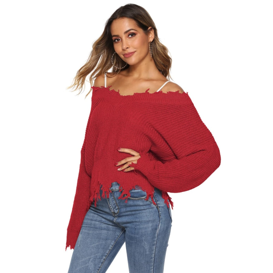 Off-Shoulder Ribbed Long Sleeve Raw Hem Sweater