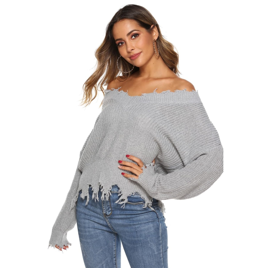 Off-Shoulder Ribbed Long Sleeve Raw Hem Sweater Light Gray / S