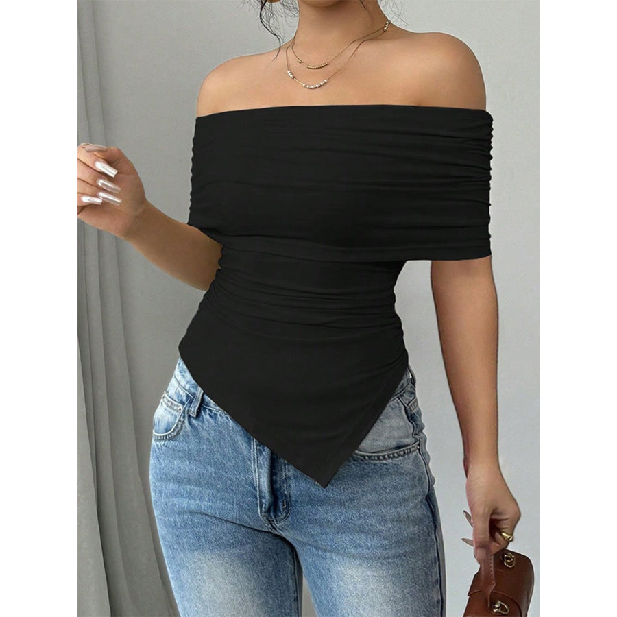 Off-Shoulder Ruched Asymmetrical Hem Top Apparel and Accessories