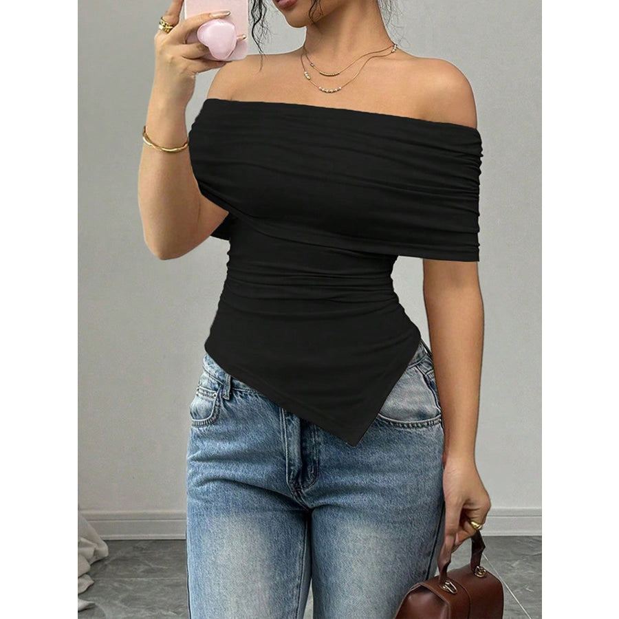 Off-Shoulder Ruched Asymmetrical Hem Top Apparel and Accessories