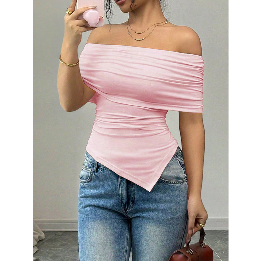 Off-Shoulder Ruched Asymmetrical Hem Top Apparel and Accessories