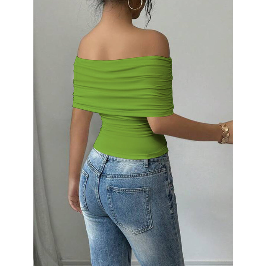 Off-Shoulder Ruched Asymmetrical Hem Top Apparel and Accessories